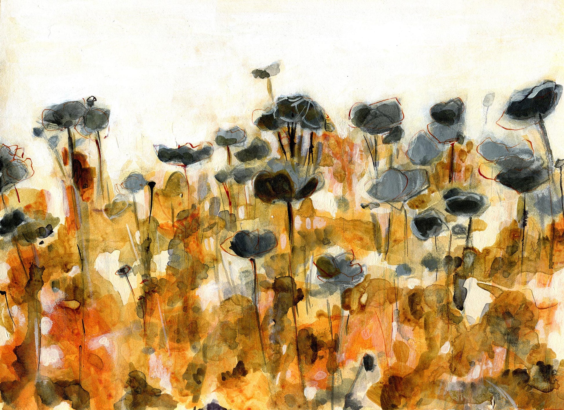 Expressive field of charcoal gray poppies over warm yellow and orange brushstrokes on paper