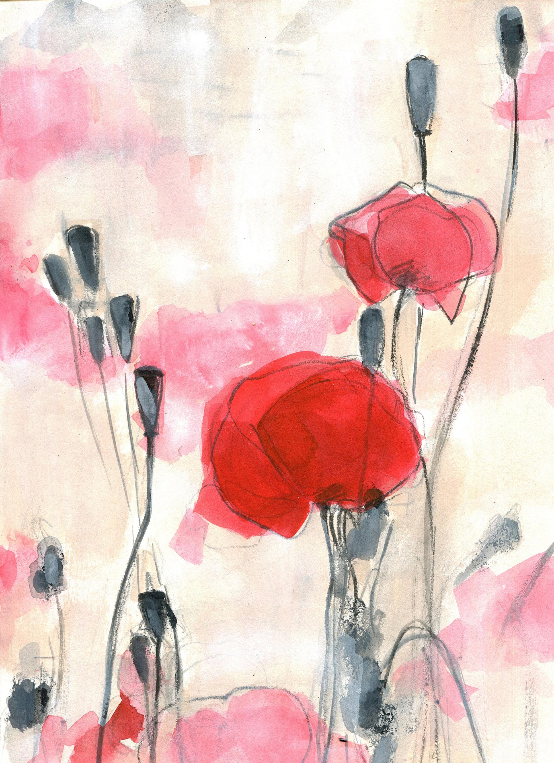 Red poppies with black stems and seed pods against soft pink and white background in vertical format