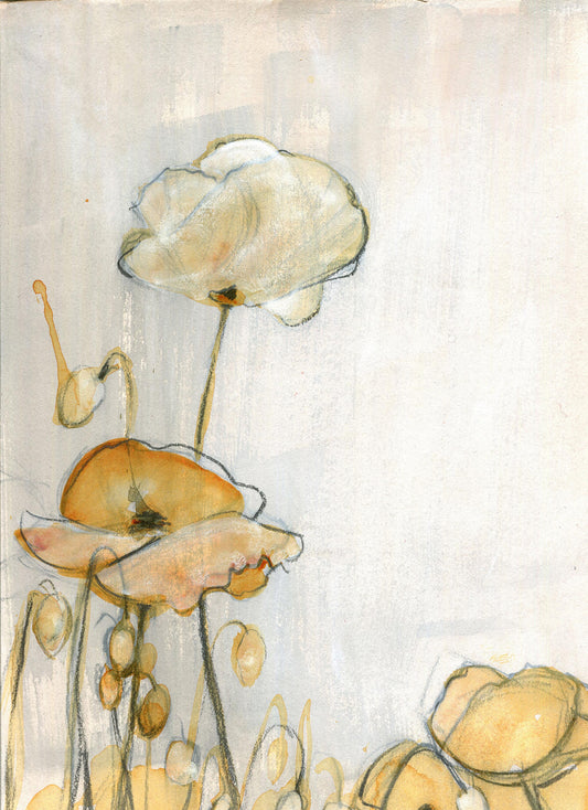 Light cream and orange poppies with soft linework on a pale background in vertical format