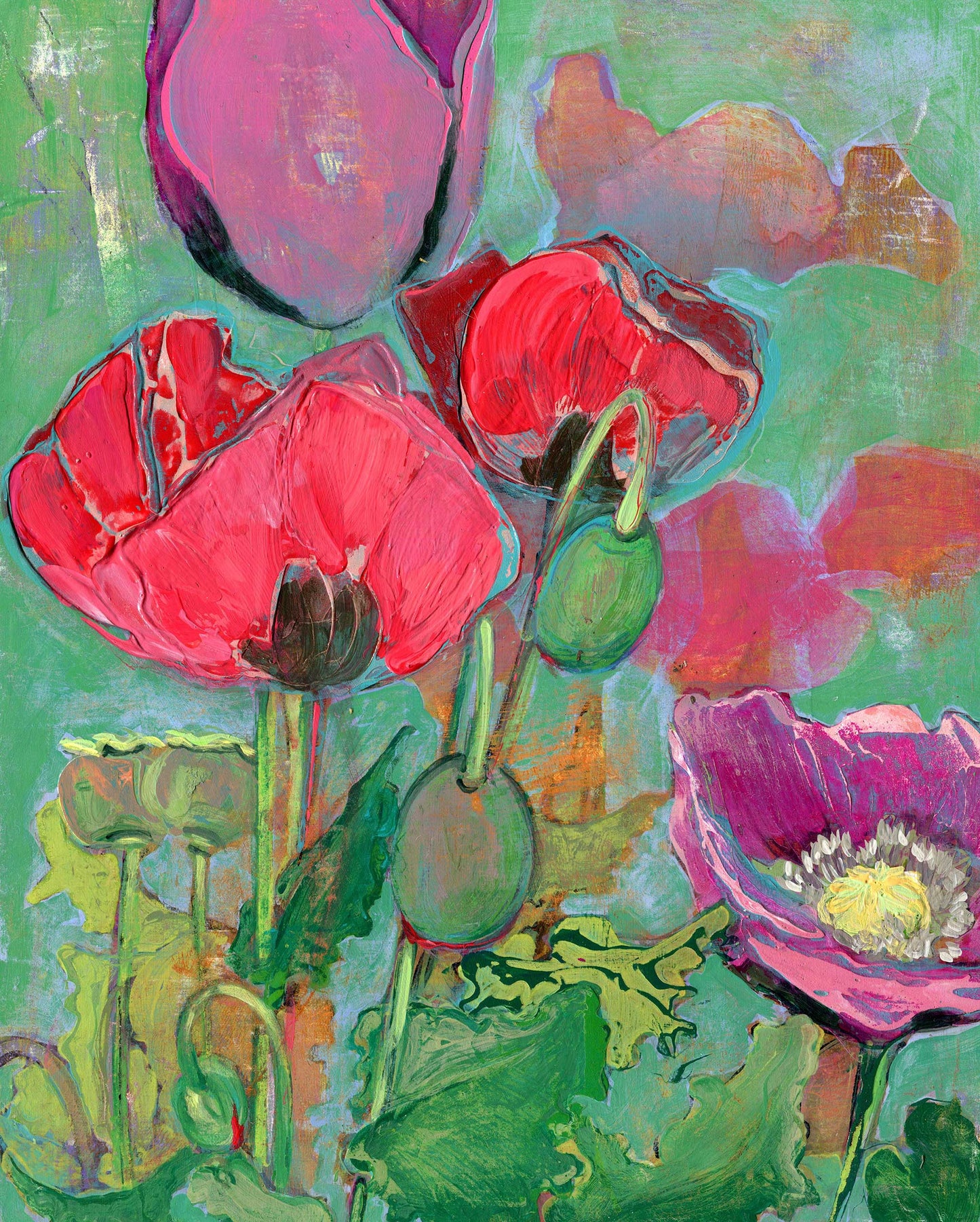Limited edition archival giclee print of deep red and crimson poppies with green seed pods against a layered sage and blue-grey background in portrait format, second in the Poppy Dreams series