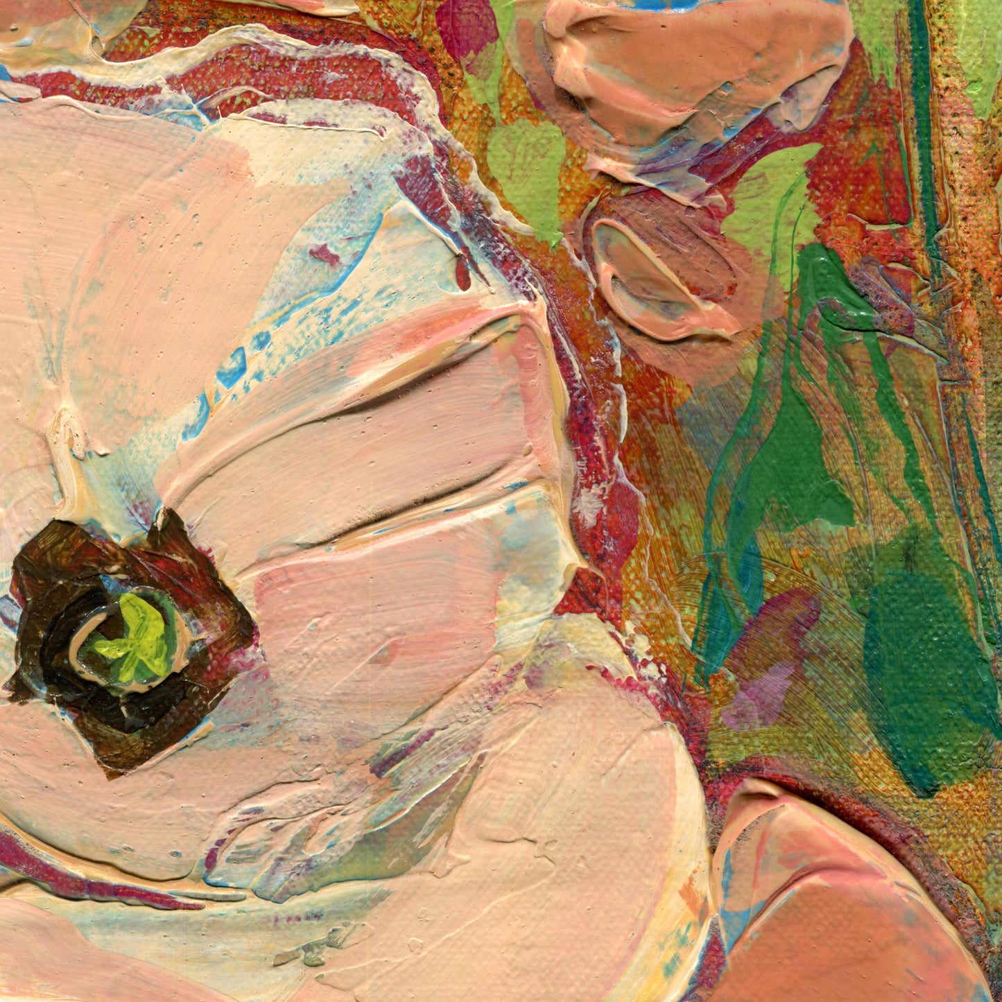 Close up showing texture of an original acrylic painting of blush pink and white poppies with dark centers in a green meadow against a distant tree line and pale blue sky, panoramic format