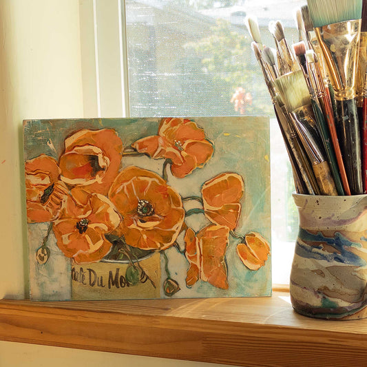 Poppies in a Can Café du Monde II, original acrylic painting by Denise Souza Finney, orange texturally painted poppies in a yellow can labeled Café du Monde