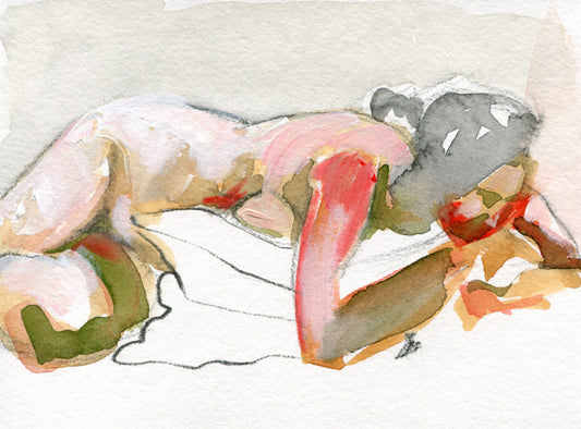 Acrylic painting of a flamenco dancer in motion, with her arms in a graceful yet powerful movement. She is dressed in a pink and red ruffled dress that is flowing in different directions. The dancer has a pink flower in her hair and large gold hoop earrings. The background is in hot colors of orange and yellows.