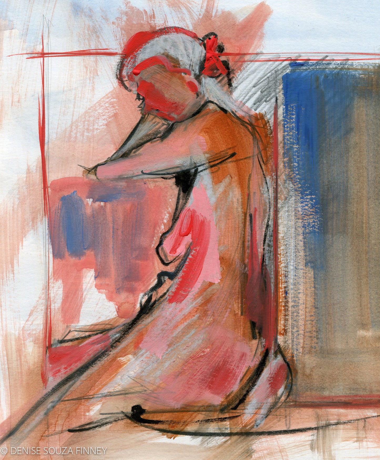 Woman In Red Line Box - Painting on Paper 12x12 inch