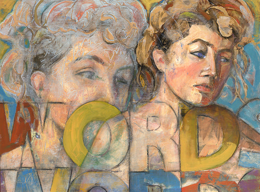 Acrylic painting of a repeating portrait of a woman with blue eyes and curly blonde hair. She is gazing to her left, with bold letters painted below her that spell out the title "WORDS."