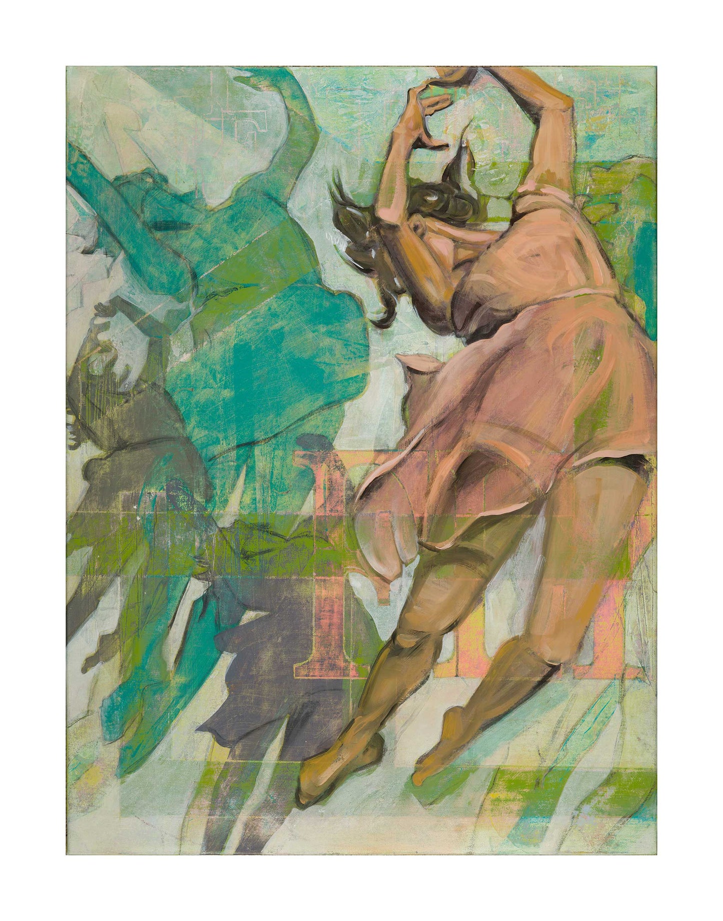 Limited edition archival giclee print of dancer in dusty rose dress with layered figures in teal and grey against sage and olive green background — portrait format, three sizes available. Image is 9x12 inches.