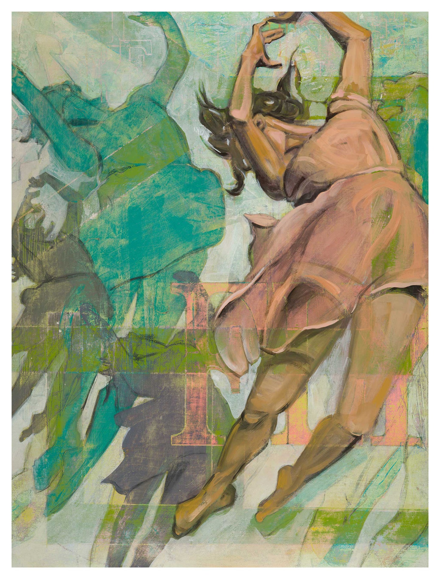 Limited edition archival giclee print of dancer in dusty rose dress with layered figures in teal and grey against sage and olive green background — portrait format, three sizes available. Image is 36X48 inches.