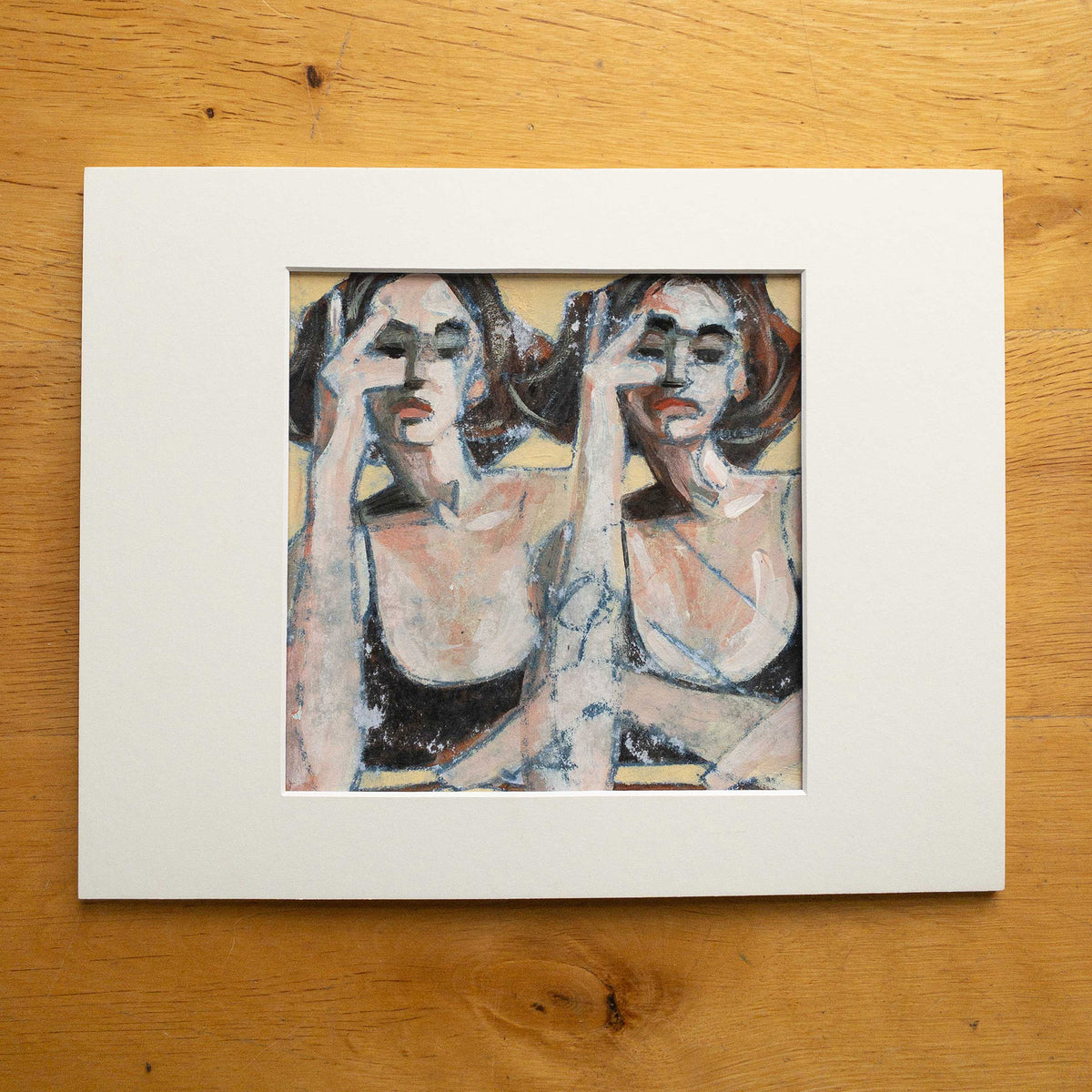 Two Women in Black Tanks - Mixed Media on Paper, 8x8 inch