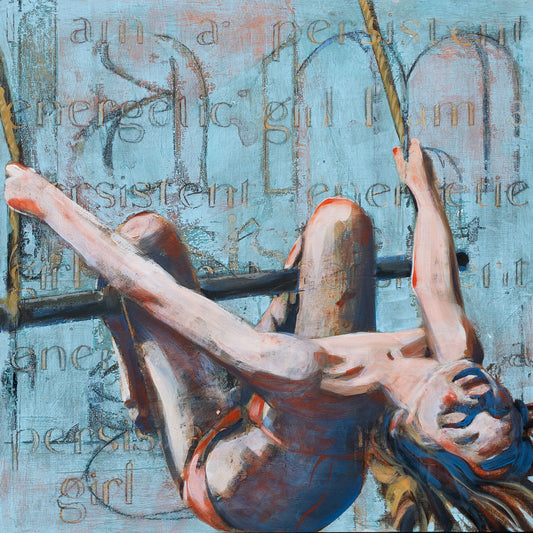 A section of an acrylic painting featuring a young girl in a swimsuit mid-swing against a textured teal and peach background with the words 'persistent girl' painted in a stylized font.