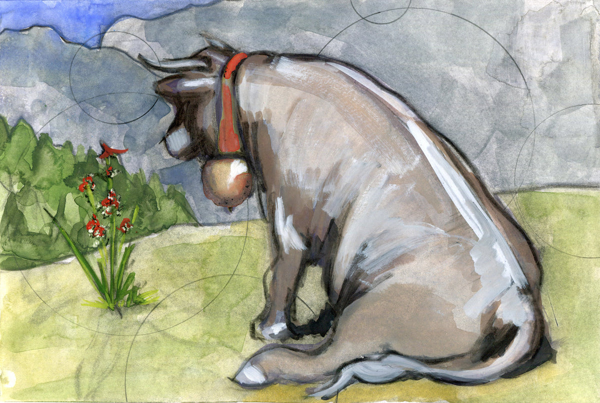 After Ferdinand The Bull II - Mixed Media on Paper, 8x10 inch