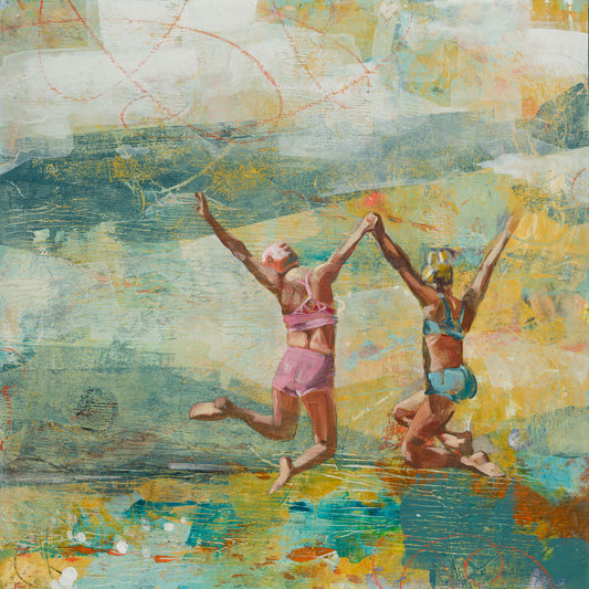 painting of two girls jumping in the air holding hands, one in a pink bathing suit and one in a blue bathing suit into an abstract representation of a lake in front of mountains and sky