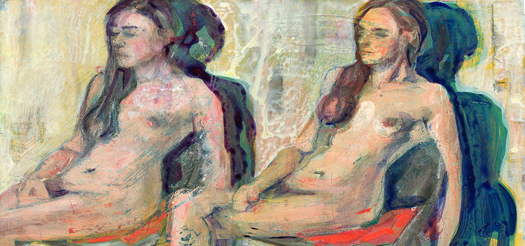 Acrylic painting of two nude women sitting in folding chairs on red pillows with legs crossed and arm draped off back of chair with blue shadows.