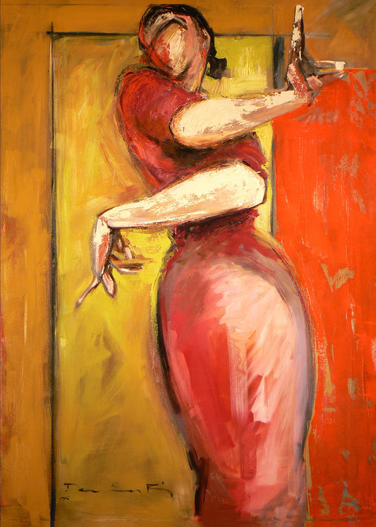 Abstract painting of a flamenco dancer in red and pink with a yellow background