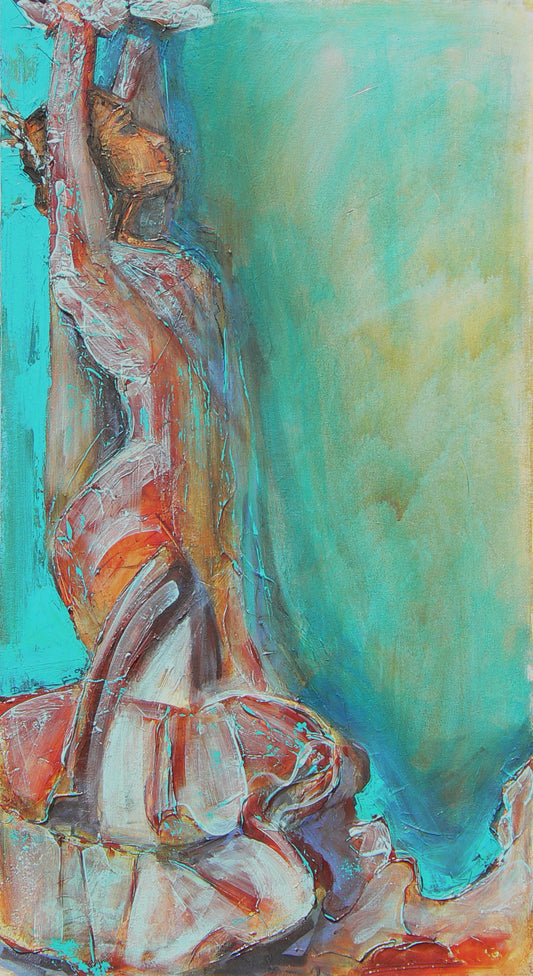 Heavily textured acrylic painting portraying a side view of a flamenco dancer with arms stretched high above her head, displaying poised hands and a striking pose. The background is vibrant turquoise with warm brown color washes. The dancer is depicted wearing a ruffled fitted dress in warm tones with bright teal accents.