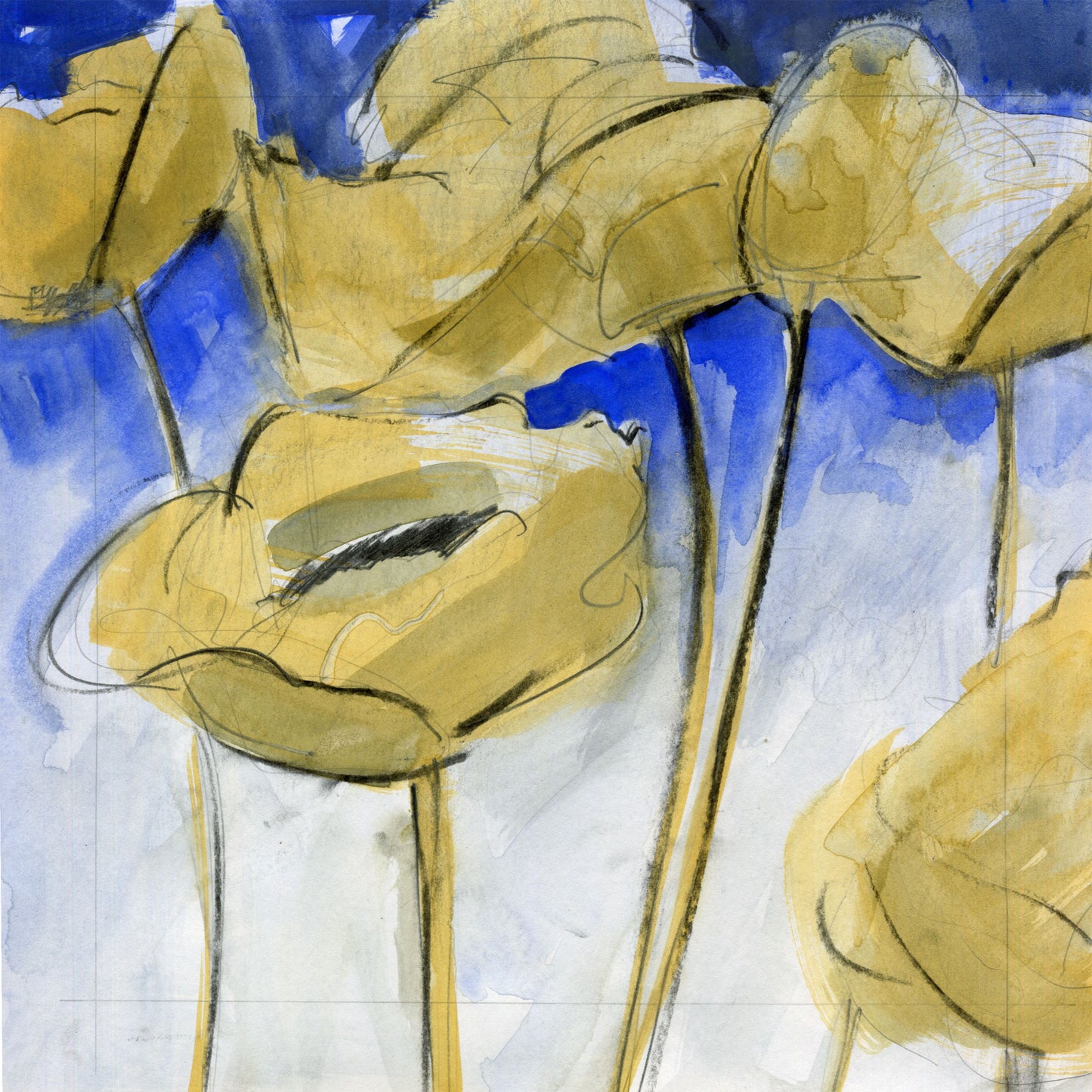 Yellow Poppies II - 10x10 inch Mixed Media on Paper Artwork