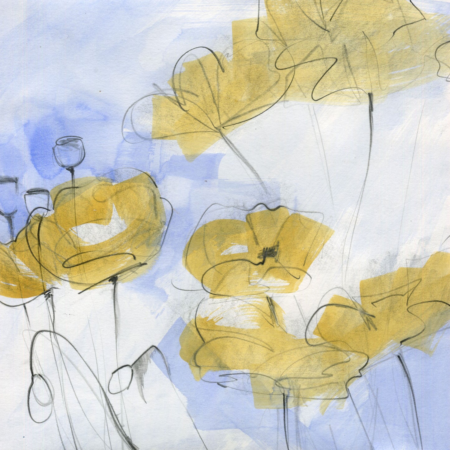 Yellow Poppies I - 10x10 inch Mixed Media on Paper Artwork