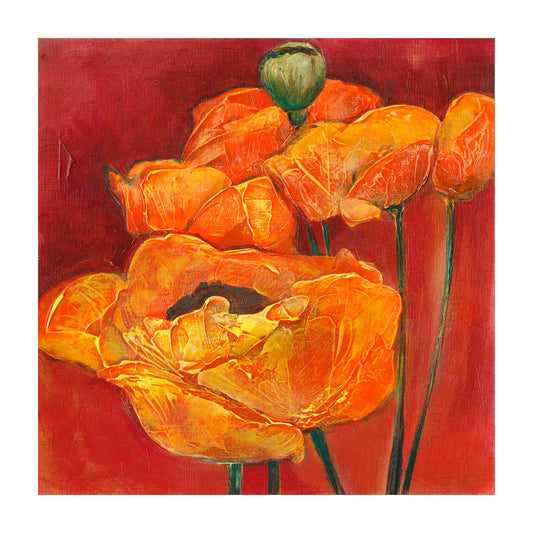 Archival giclee print of three large orange poppies with textured petals and dark centers against a deep red background with 1-inch white border, 12x12 inch image size