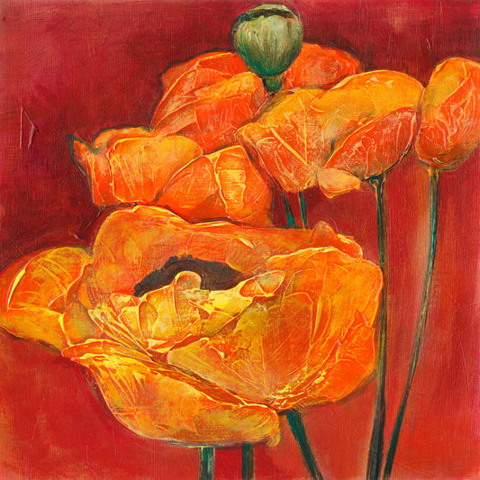 Acrylic painting of orange poppy flowers on a red background