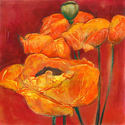 Limited edition archival giclee print of three large orange poppies with textured petals and dark centers against a deep red background, one seed pod visible at top center