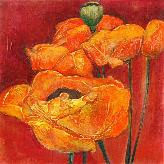 Limited edition archival giclee print of three large orange poppies with textured petals and dark centers against a deep red background, one seed pod visible at top center