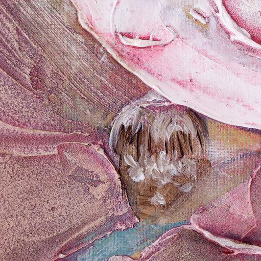 Zoomed detail of a print showing a textured acrylic painting of pink poppies on a light green and yellow background with dark green stems