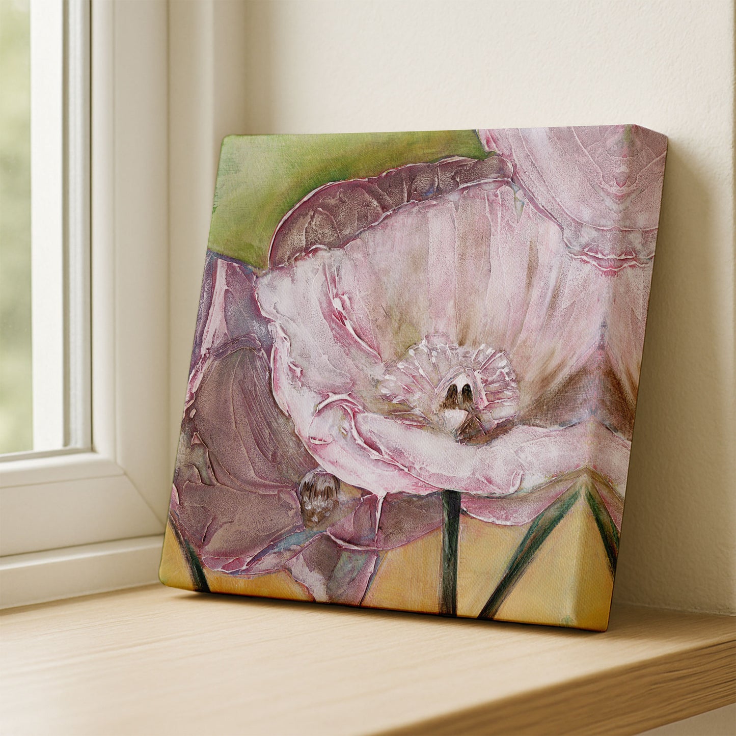 Floral painting on a wooden surface with a window in the background