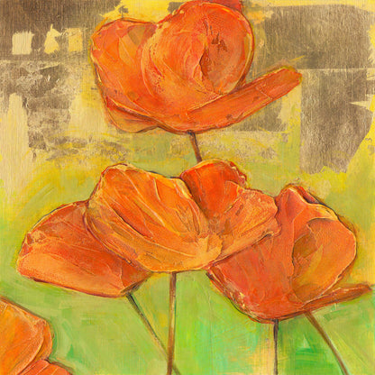 Limited edition archival giclee print of three orange California poppies with textured petals against a layered yellow-green and grey geometric background with visible brushwork