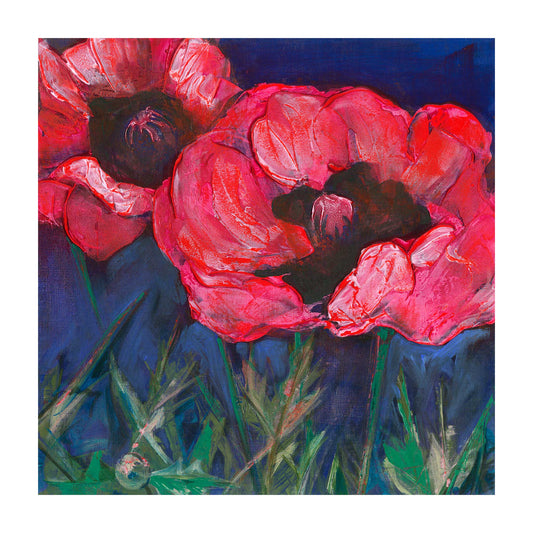 Archival giclee print of three large bold red and pink poppies with dramatic dark centers against a deep navy blue background with green foliage at base with 1-inch white border, 12x12 inch image size