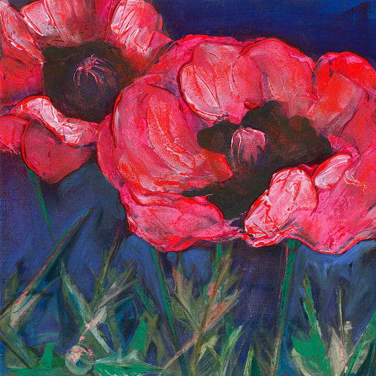 Painting of red poppy flowers with a blue background
