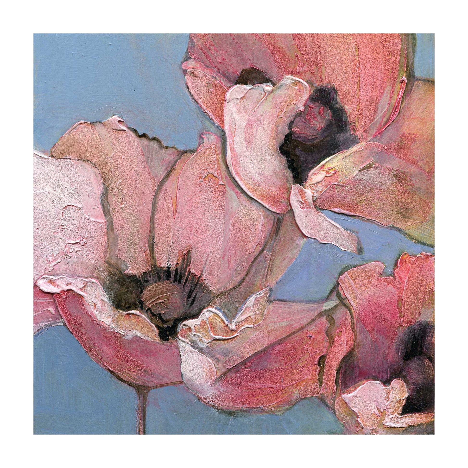12x12 inch paper print of an acrylic painting of pink poppy flowers with a 1 inch white border.