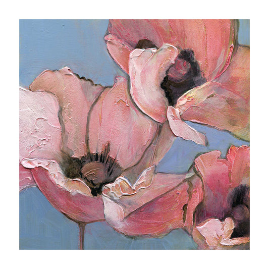 Archival giclee print of three pink poppies with textured petals and dark centers against a soft dusty blue background with 1-inch white border, 12x12 inch image size