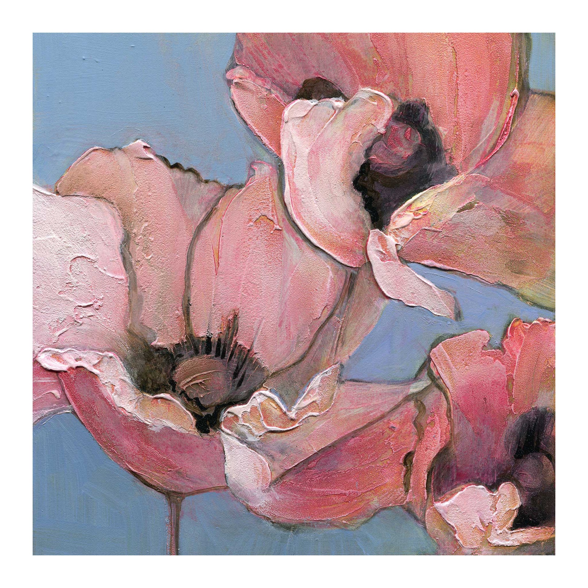 Paper print of an acrylic painting of pink poppy flowers with a 1 inch white border.