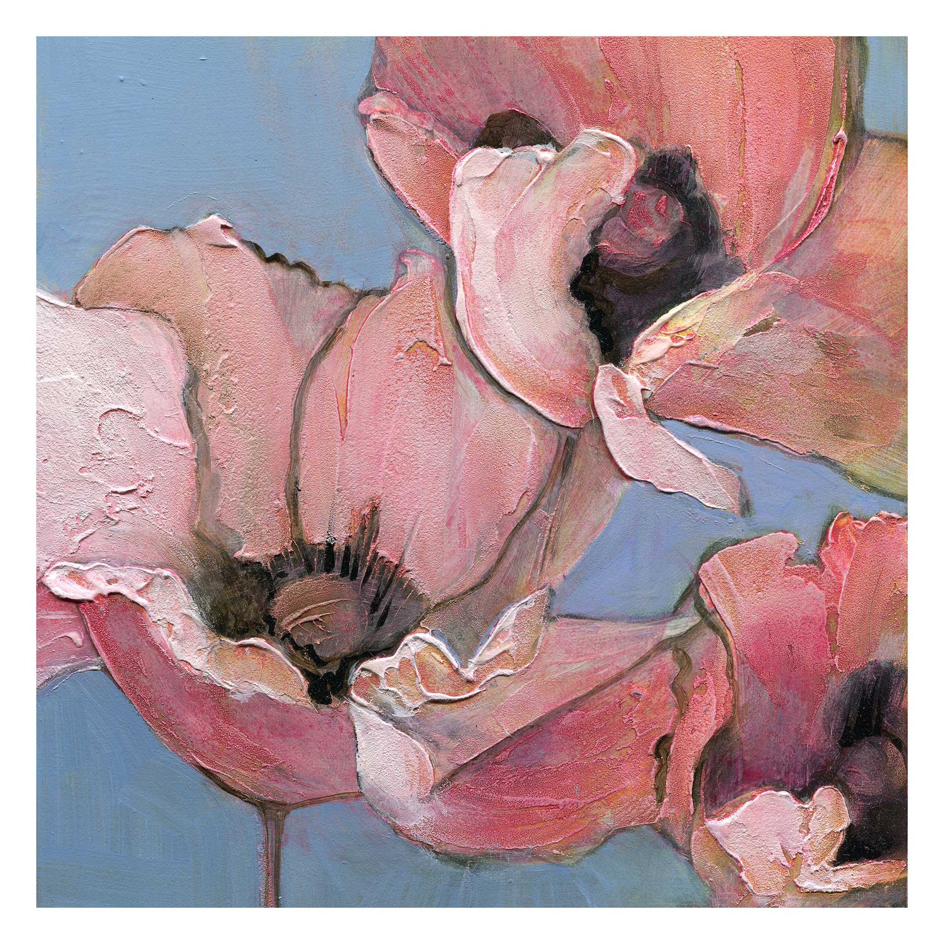 Paper print of an acrylic painting of pink poppy flowers with a 1 inch white border.