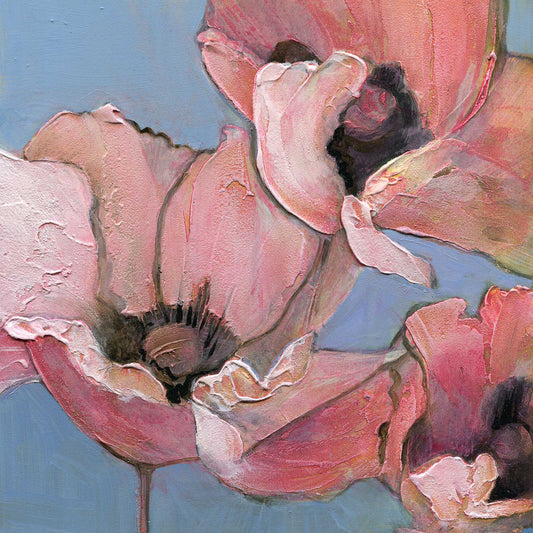 Limited edition archival giclee print of three pink poppies with textured petals and dark centers against a soft dusty blue background, first in the Six Poppy Portrait series