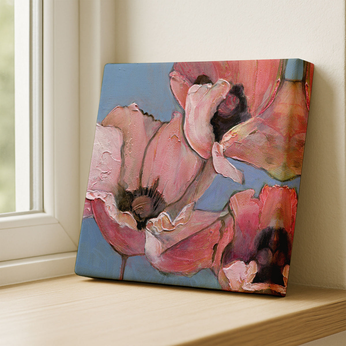 Poppy Portrait I gallery-wrapped canvas print, 6x6 inches, three pink poppies with textured petals and dark centers