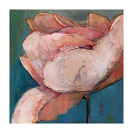 Archival giclee print of three pink poppies with textured petals and dark centers against a soft dusty blue background with 1-inch white border, 12x12 inch image size