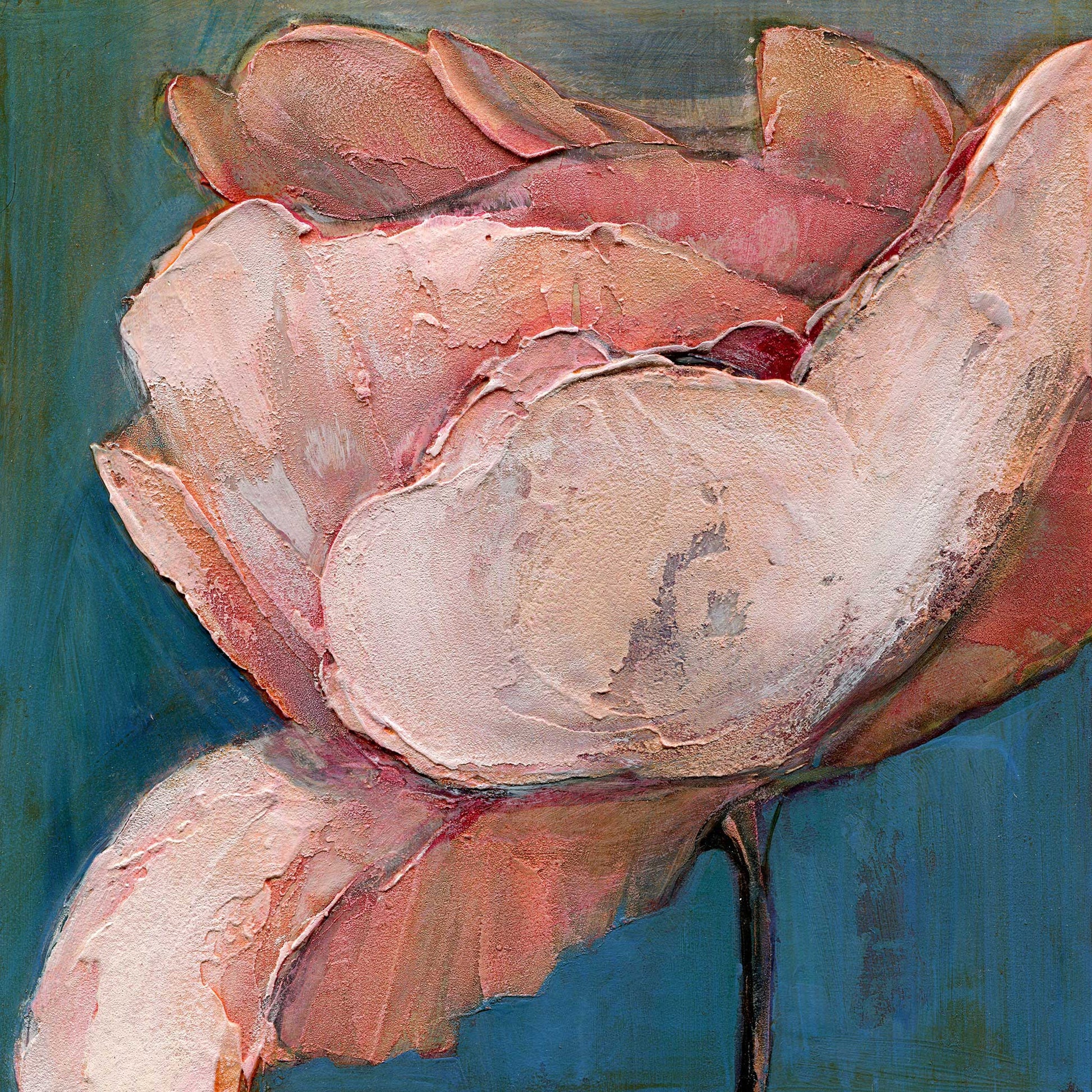Limited edition archival giclee print of three pink poppies with textured petals and dark centers against a soft dusty blue background, first in the Six Poppy Portrait series
