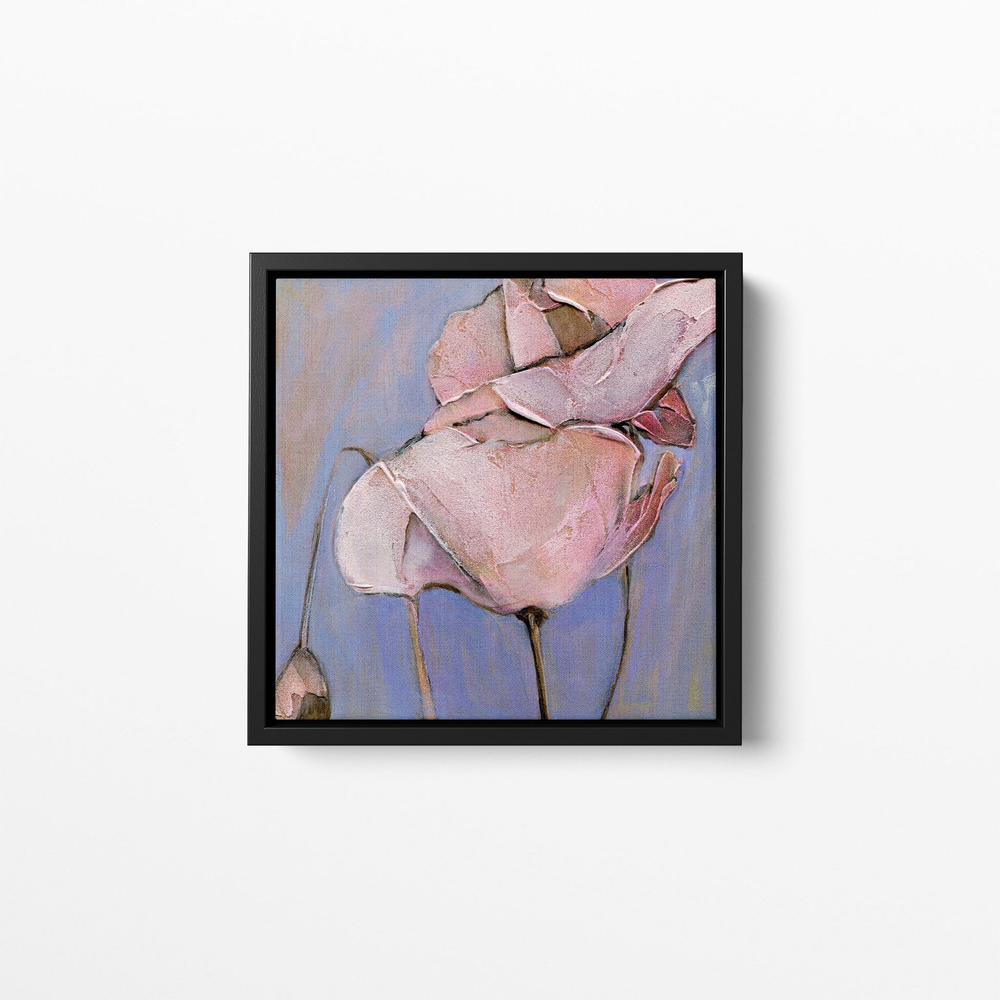An acrylic painting of a close-up view of a poppy flower with soft blues and pink/peach hues. Framed in a black wood frame.