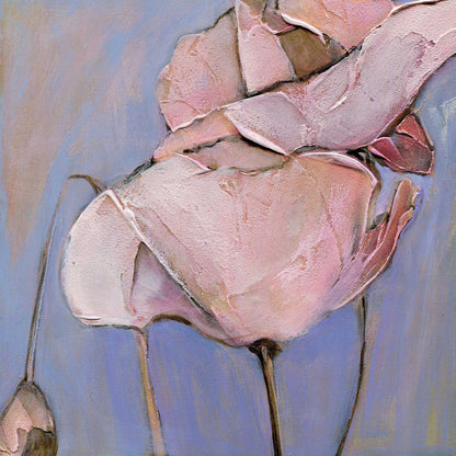 Limited edition archival giclee print of two soft pink poppies with textured petals against a periwinkle lavender background with a small seed pod at lower left, third in the Six Poppy Portrait series