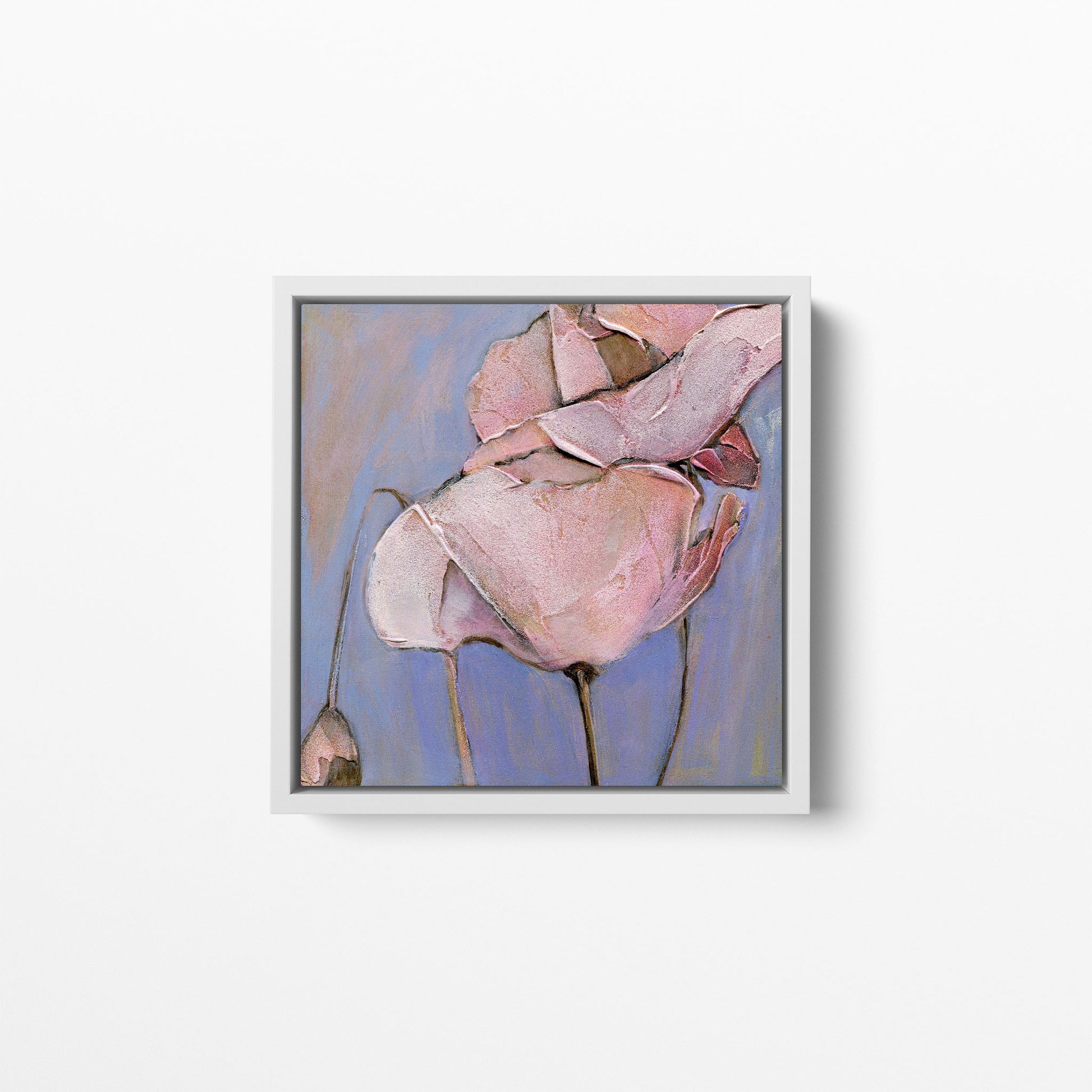 An acrylic painting of a close-up view of a poppy flower with soft blues and pink/peach hues. Framed in a white wood frame.
