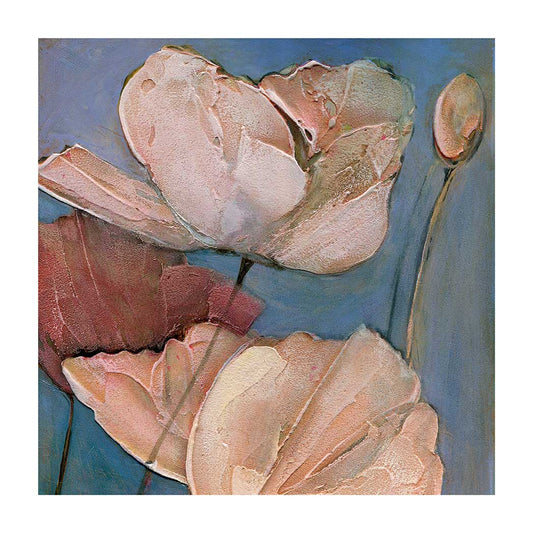 Archival giclee print of two large blush and peach poppies with heavily textured petals and a small seed pod against a blue-grey background with 1-inch white border, 12x12 inch image size