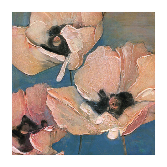 Archival giclee print of three peach and blush poppies with dark centers and textured petals against a teal-blue background with 1-inch white border, 12x12 inch image size