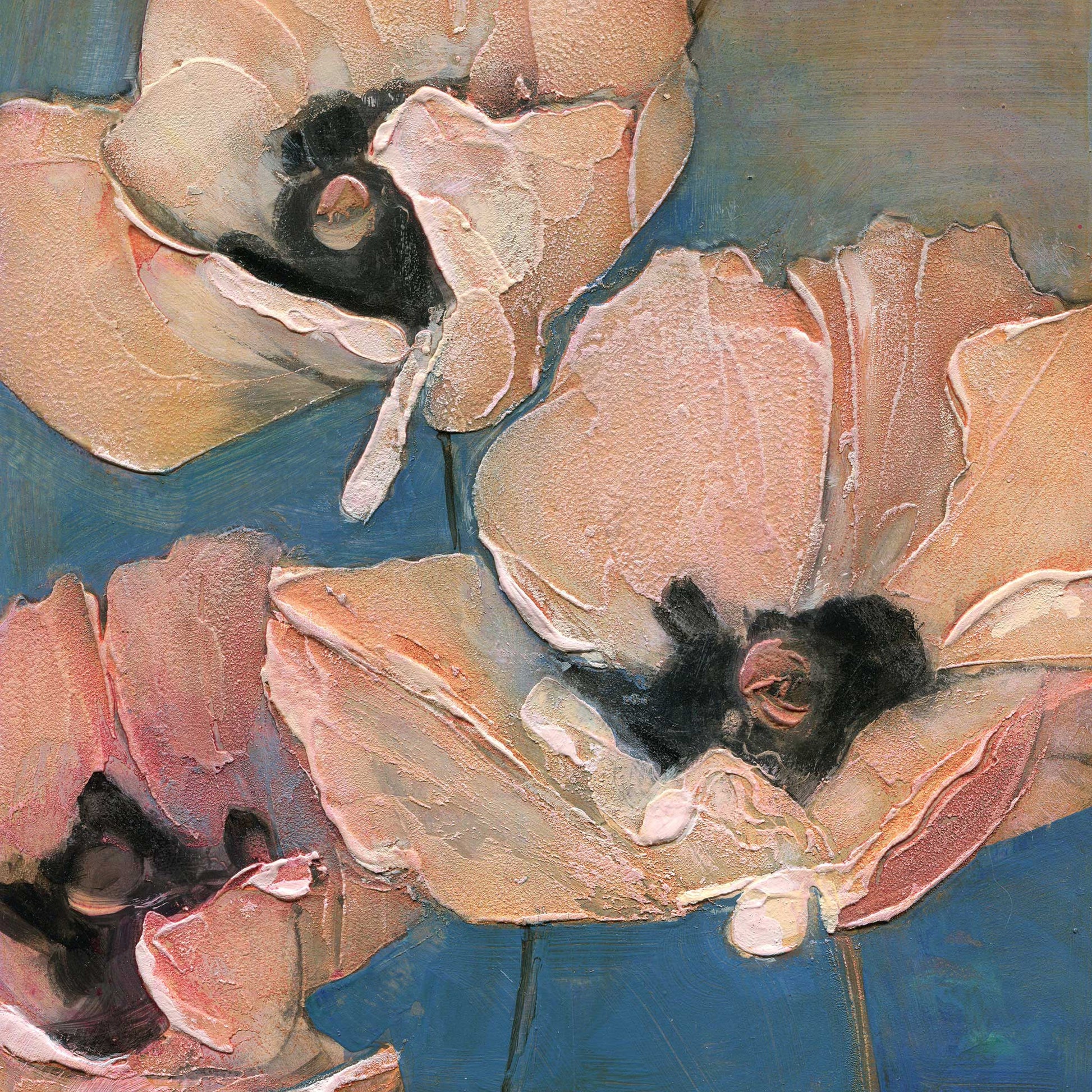 Limited edition archival giclee print of three peach and blush poppies with dark centers and textured petals filling the frame against a teal-blue background, sixth in the Six Poppy Portrait series