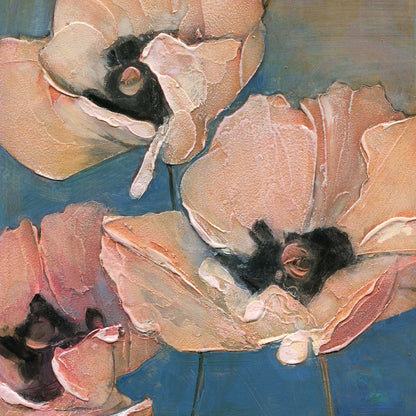 Limited edition archival giclee print of three peach and blush poppies with dark centers and textured petals filling the frame against a teal-blue background, sixth in the Six Poppy Portrait series