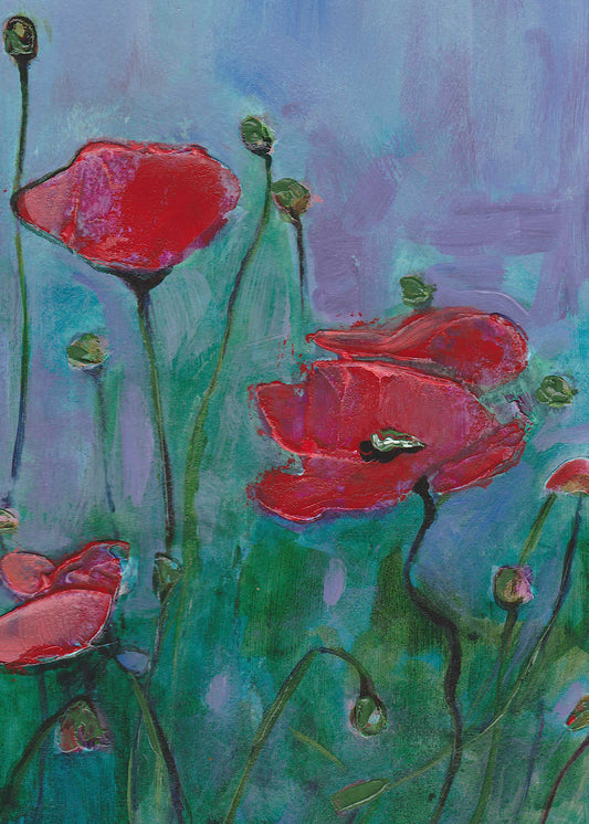 Red Poppy on Lavender Blue Card - 5x7 Greeting Card from Original Painting
