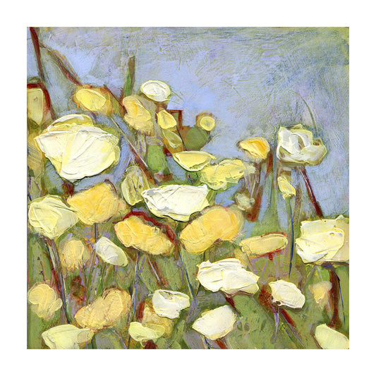 Archival giclee print of many small yellow and white California poppies scattered across a sage-green field against a hazy periwinkle-blue background with 1-inch white border, 12x12 inch image size