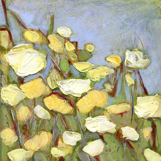Limited edition archival giclee print of many small yellow and white California poppies scattered across a sage-green field against a hazy periwinkle-blue background with visible sgraffito marks and red stems