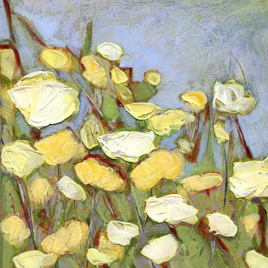 Artistic depiction of yellow and white poppy flowers on a textured background