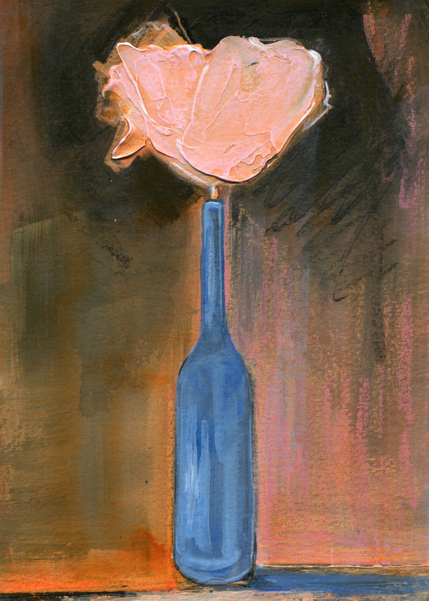 Single Peach Poppy In A Blue Bottle - 5x7 inch Print