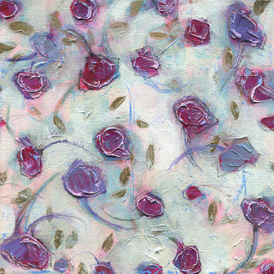 Textured acrylic painting of falling plum and periwinkle single-stemmed poppies with green and bronze leaves in a repeating pattern on a white background, with subtle pink and blue hues.